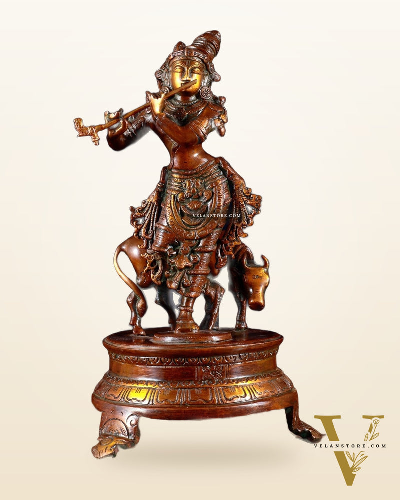 Brass Krishna with Cow on Round Pedestal 10.5 inch