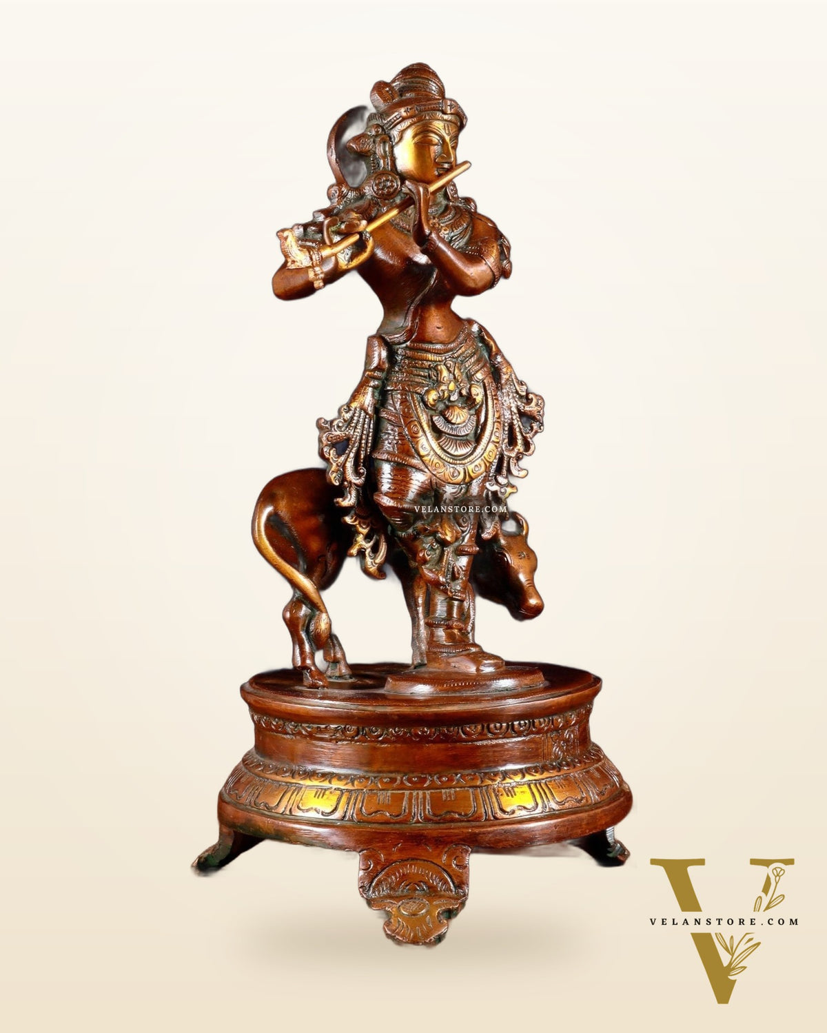 Brass Krishna with Cow on Round Pedestal 10.5 inch