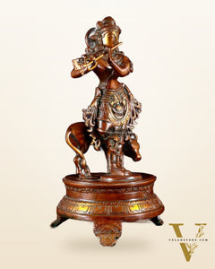 Brass Krishna with Cow on Round Pedestal 10.5 inch