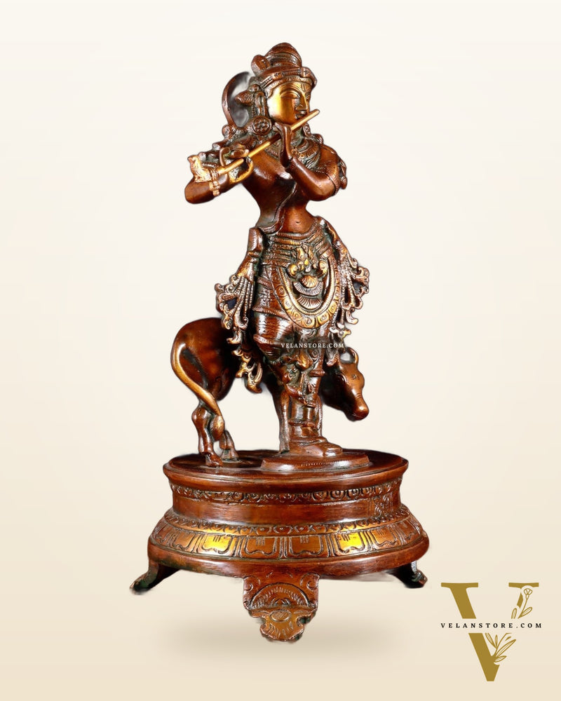 Brass Krishna with Cow on Round Pedestal 10.5 inch