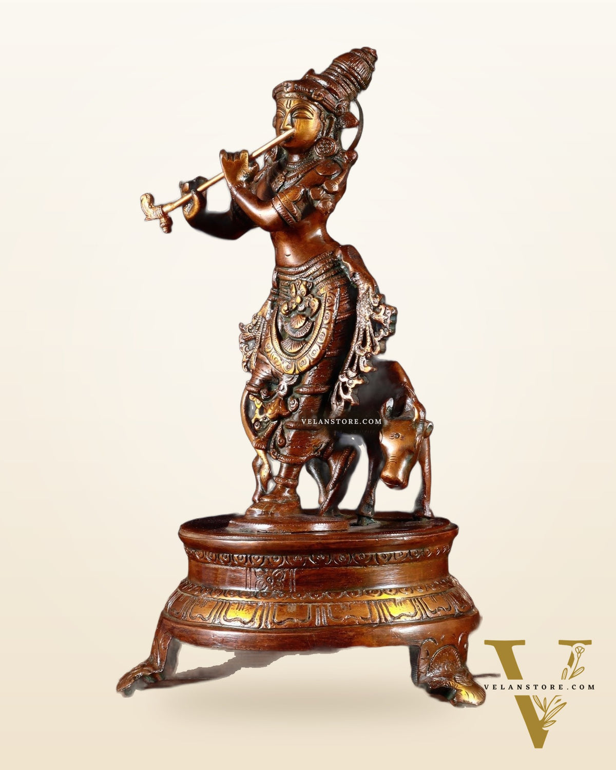 Brass Krishna with Cow on Round Pedestal 10.5 inch
