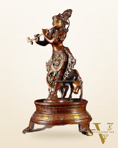 Brass Krishna with Cow on Round Pedestal 10.5 inch