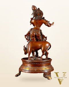 Brass Krishna with Cow on Round Pedestal 10.5 inch