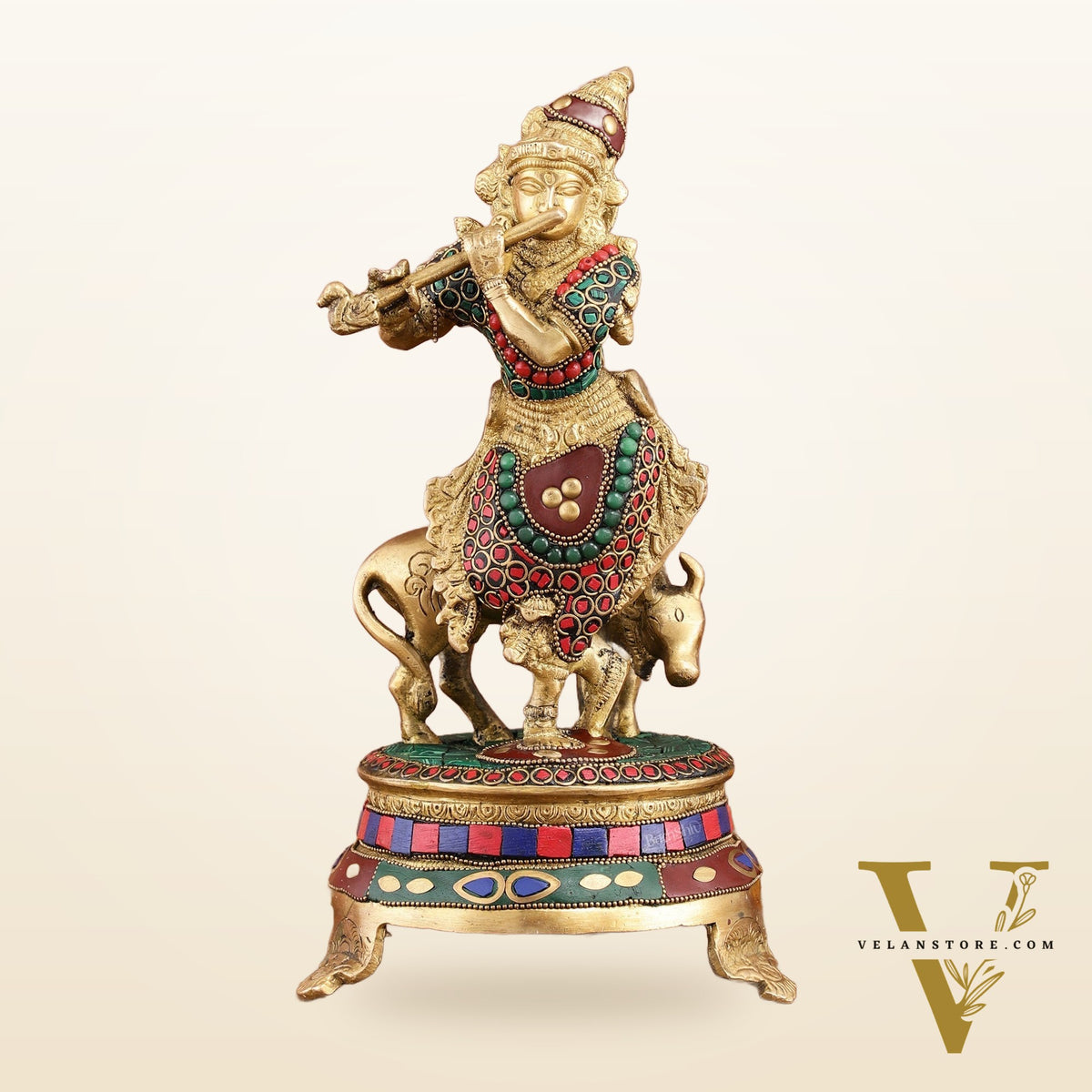 Brass Krishna with Cow on Round Pedestal - Venugopala Murthy | 10.5" stonework