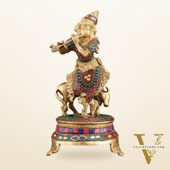 Brass Krishna with Cow on Round Pedestal - Venugopala Murthy | 10.5" stonework