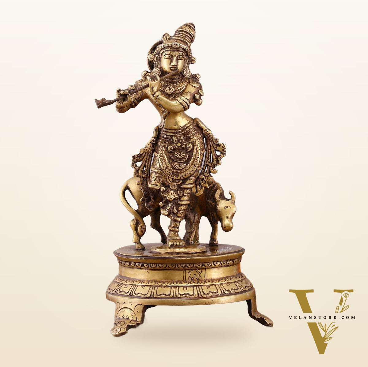 Brass Krishna with Cow on Round Pedestal - Venugopala Murthy | 10.5"
