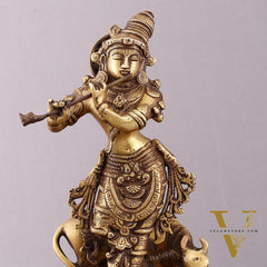 Brass Krishna with Cow on Round Pedestal - Venugopala Murthy | 10.5"
