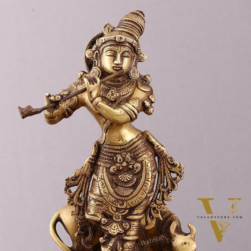 Brass Krishna with Cow on Round Pedestal - Venugopala Murthy | 10.5"