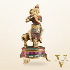 Brass Krishna with Cow on Round Pedestal - Venugopala Murthy | 10.5" stonework