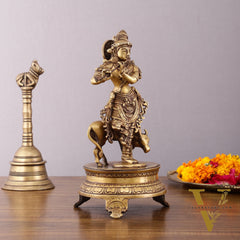 Brass Krishna with Cow on Round Pedestal - Venugopala Murthy | 10.5"