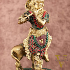 Brass Krishna with Cow on Round Pedestal - Venugopala Murthy | 10.5" stonework