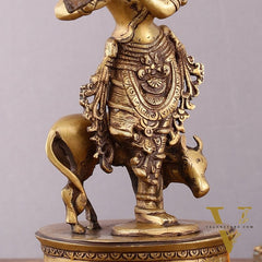 Brass Krishna with Cow on Round Pedestal - Venugopala Murthy | 10.5"