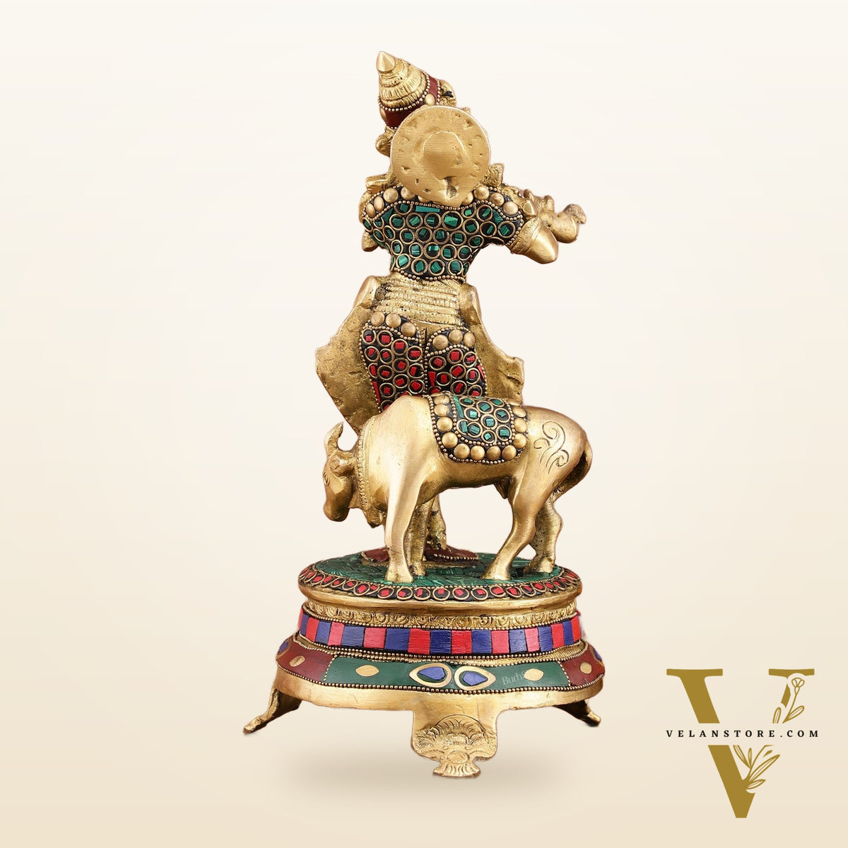 Brass Krishna with Cow on Round Pedestal - Venugopala Murthy | 10.5" stonework