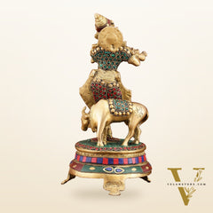 Brass Krishna with Cow on Round Pedestal - Venugopala Murthy | 10.5" stonework