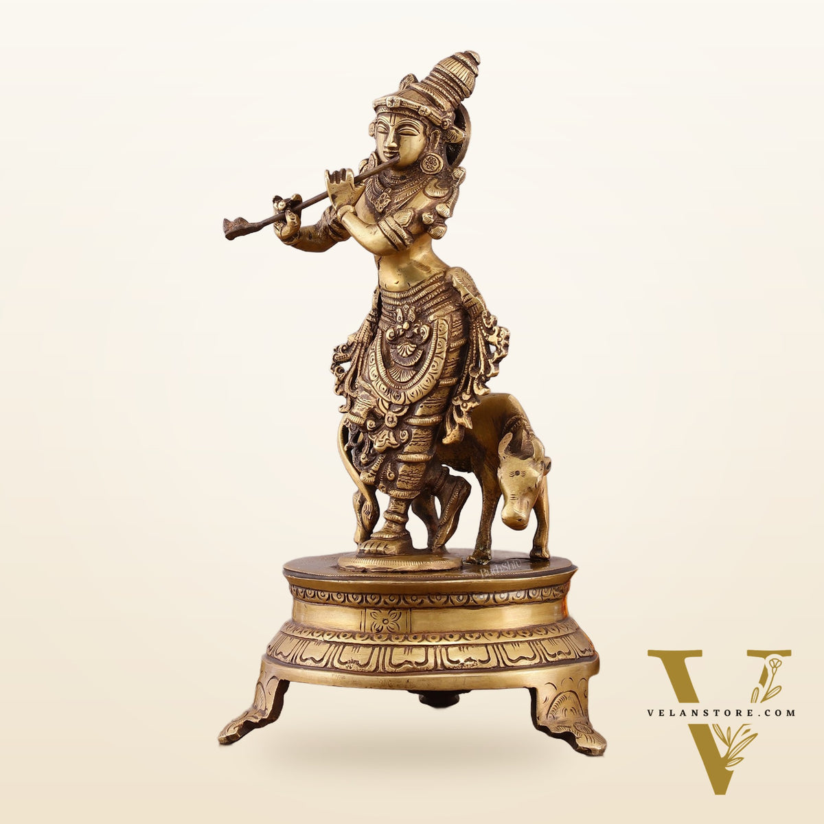 Brass Krishna with Cow on Round Pedestal - Venugopala Murthy | 10.5"