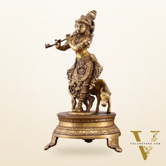 Brass Krishna with Cow on Round Pedestal - Venugopala Murthy | 10.5"