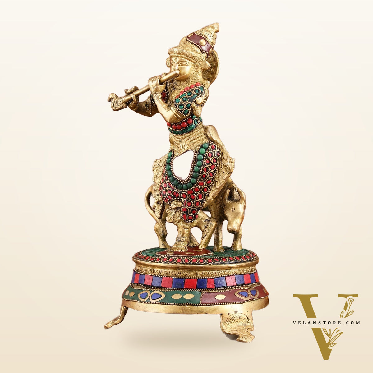 Brass Krishna with Cow on Round Pedestal - Venugopala Murthy | 10.5" stonework