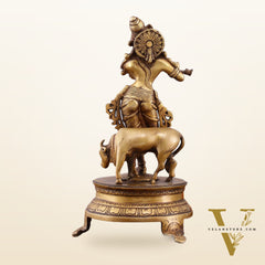 Brass Krishna with Cow on Round Pedestal - Venugopala Murthy | 10.5"