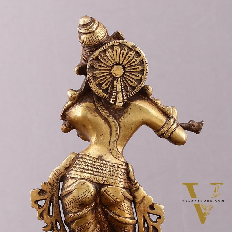 Brass Krishna with Cow on Round Pedestal - Venugopala Murthy | 10.5"