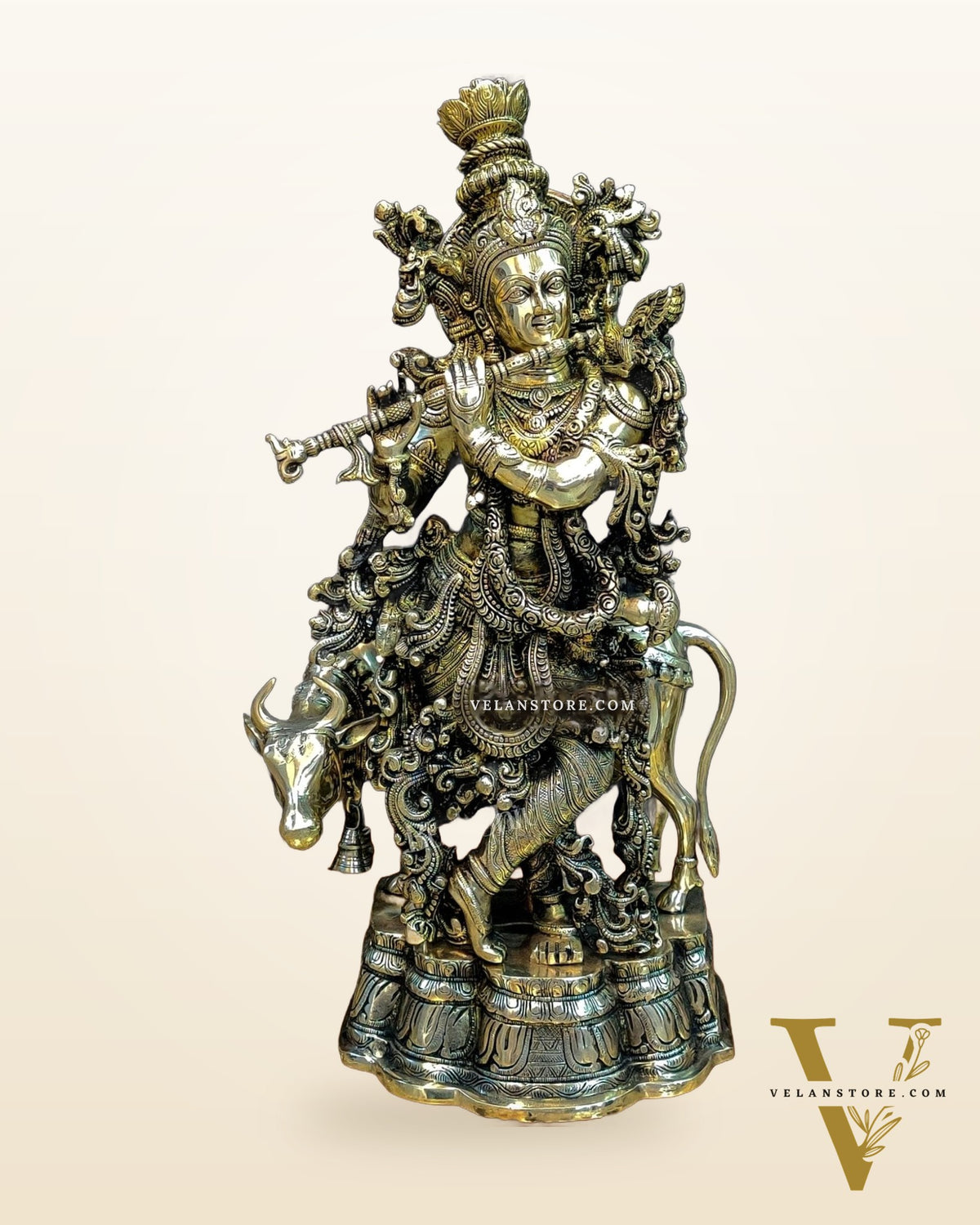 Brass Krishna with cow statue 26"