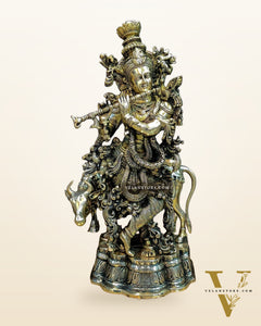 Brass Krishna with cow statue 26"