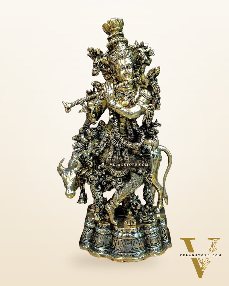 Brass Krishna with cow statue 26"