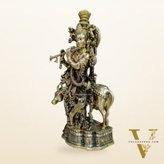 Brass Krishna with cow statue 26"