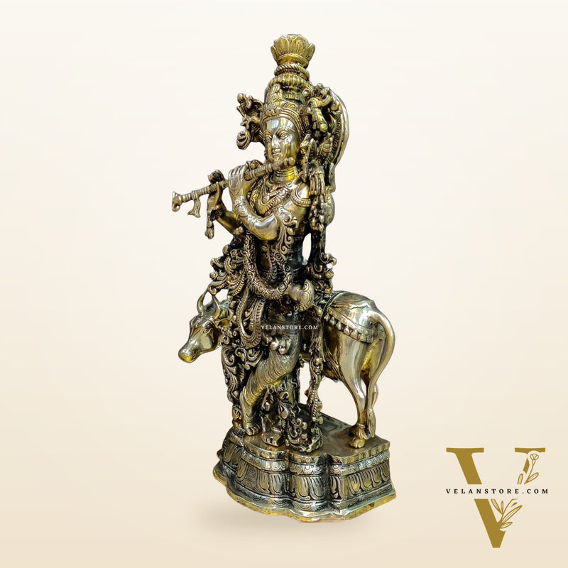 Brass Krishna with cow statue 26"