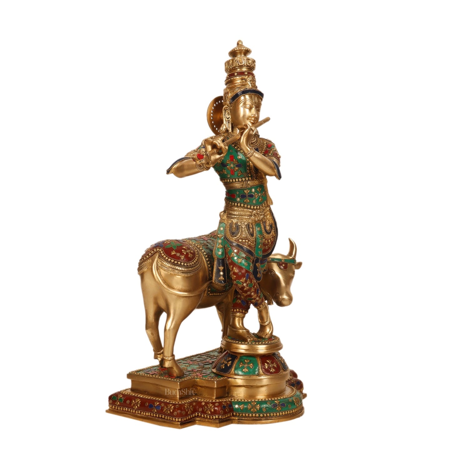 Superfine Krishna with Cow Sculpture - Meenakari Stonework, 26" Tall, 27kg