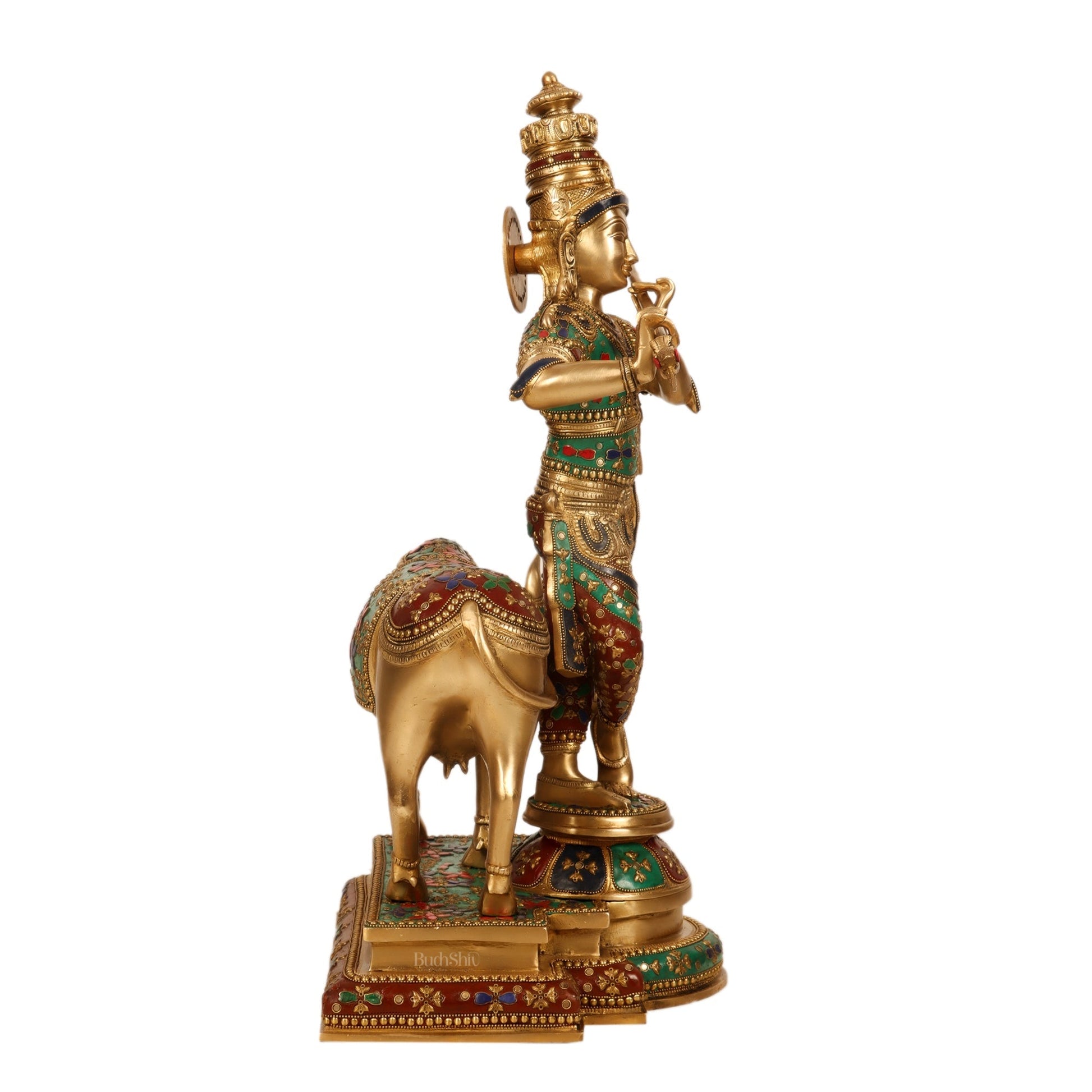 Superfine Krishna with Cow Sculpture - Meenakari Stonework, 26" Tall, 27kg