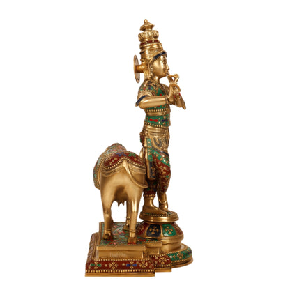 Superfine Krishna with Cow Sculpture - Meenakari Stonework, 26" Tall, 27kg