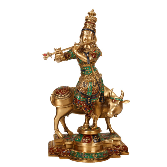 Superfine Krishna with Cow Sculpture - Meenakari Stonework, 26" Tall, 27kg