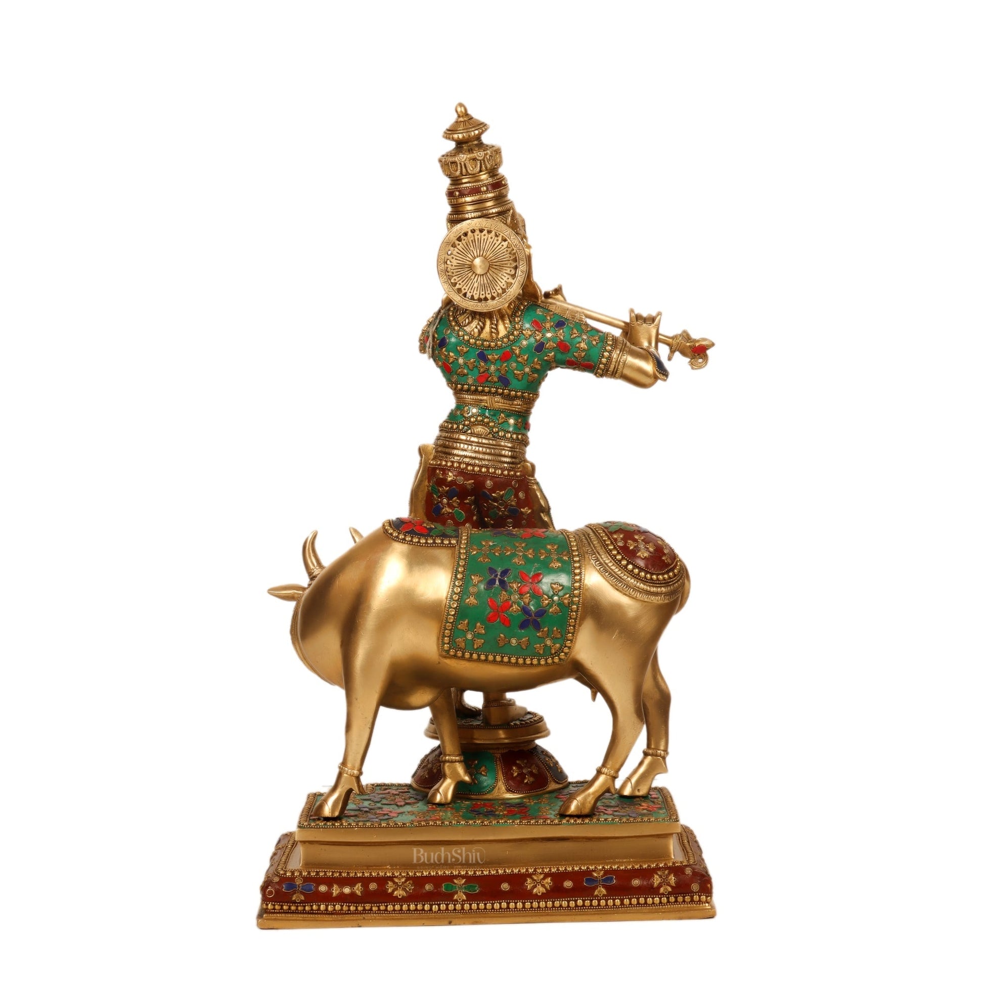 Superfine Krishna with Cow Sculpture - Meenakari Stonework, 26" Tall, 27kg
