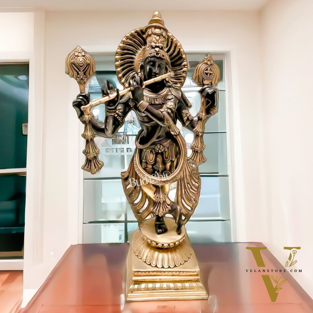 Brass Krishna with Four Arms - Vishnu Shankh, Chakra, and Flute - 31 Inch Statue