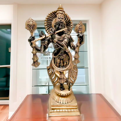 Brass Krishna with Four Arms - Vishnu Shankh, Chakra, and Flute - 31 Inch Statue