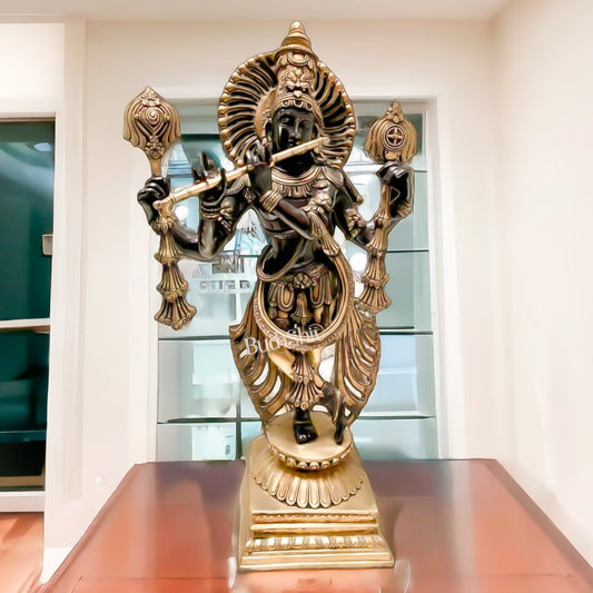 Brass Krishna with Four Arms - Vishnu Shankh, Chakra, and Flute - 31 Inch Statue