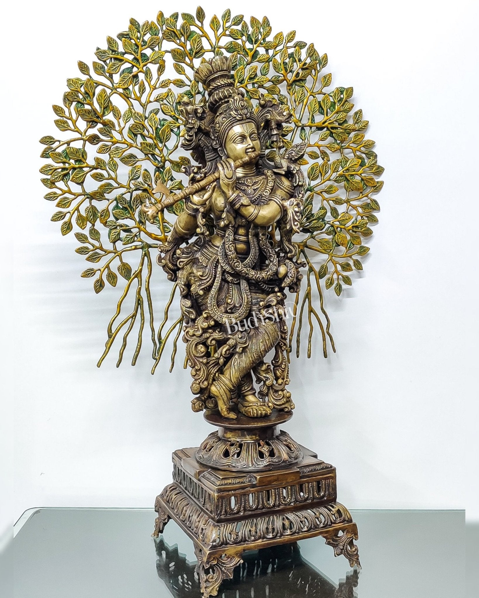 Krishna Muralidhari Brass Idol with Kalpavriksha - 35" Antique Finish