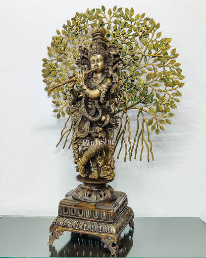 Krishna Muralidhari Brass Idol with Kalpavriksha - 35" Antique Finish