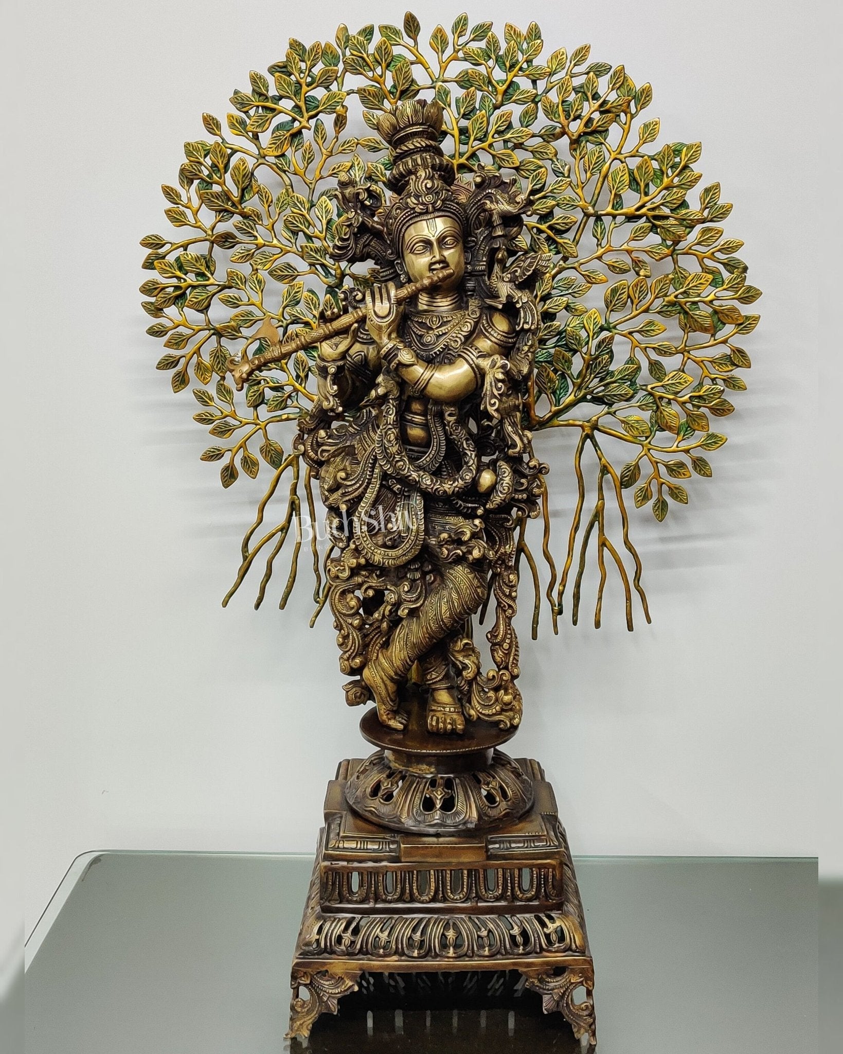 Krishna Muralidhari Brass Idol with Kalpavriksha - 35" Antique Finish