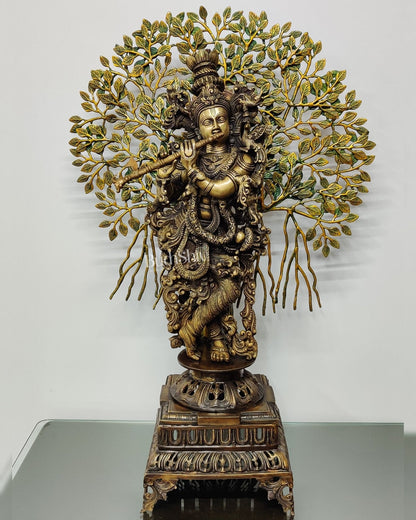 Krishna Muralidhari Brass Idol with Kalpavriksha - 35" Antique Finish