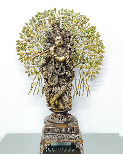 Krishna Muralidhari Brass Idol with Kalpavriksha - 35" Antique Finish
