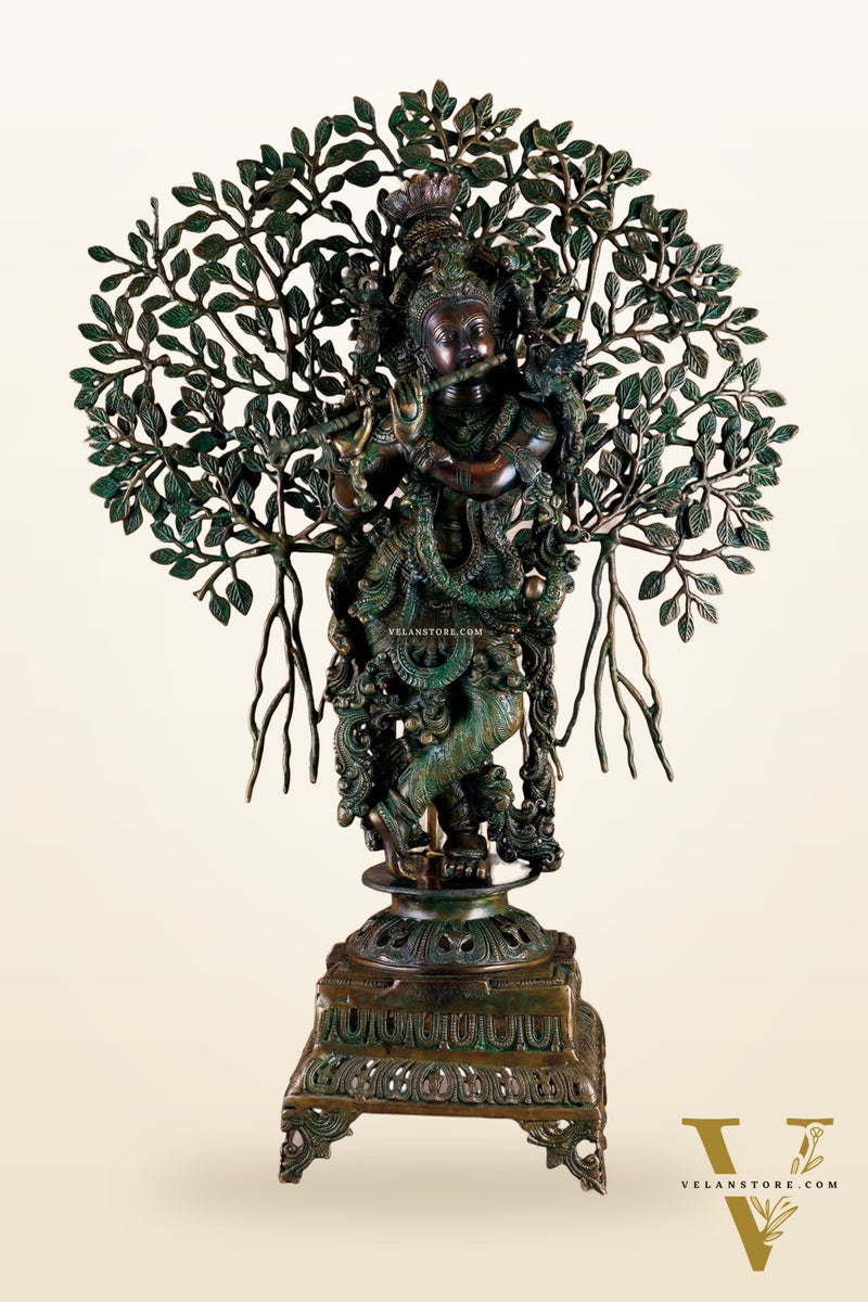 Brass Krishna with Kalpavriksha tree statue - 35" bronze tone antique