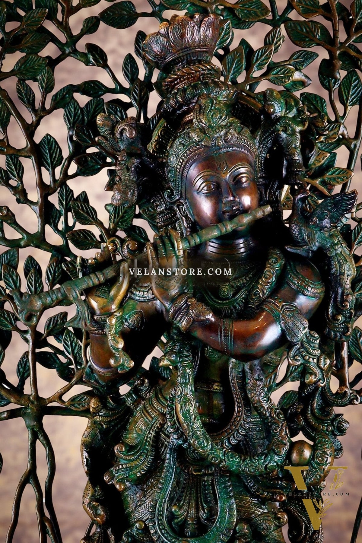 Brass Krishna with Kalpavriksha tree statue - 35" bronze tone antique