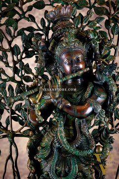 Brass Krishna with Kalpavriksha tree statue - 35" bronze tone antique