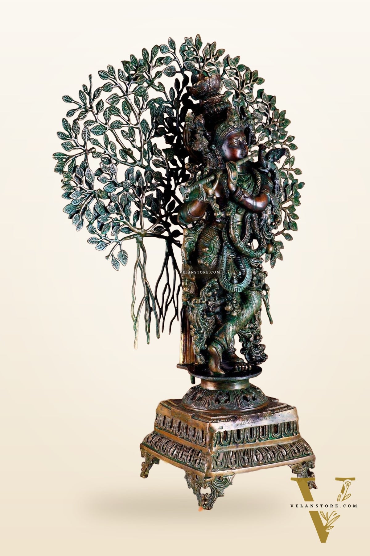 Brass Krishna with Kalpavriksha tree statue - 35" bronze tone antique