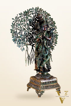 Brass Krishna with Kalpavriksha tree statue - 35" bronze tone antique