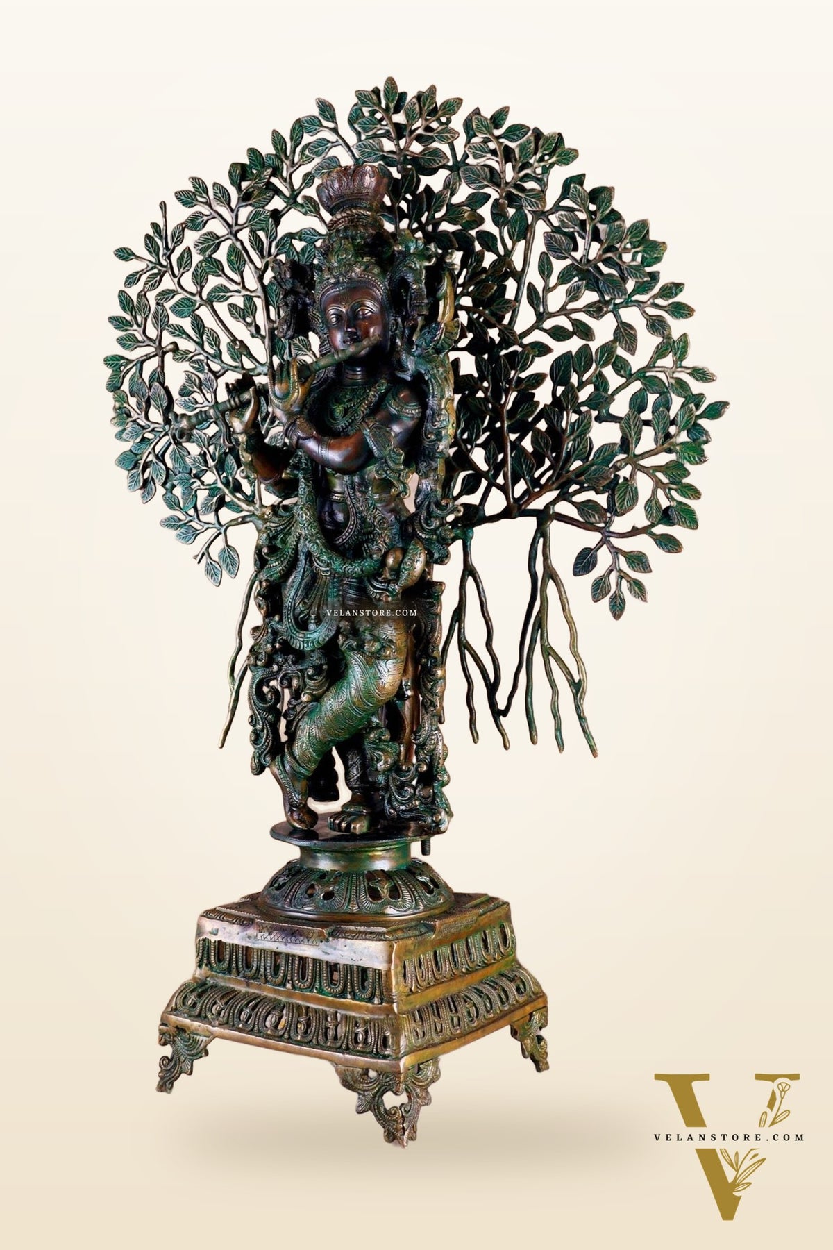 Brass Krishna with Kalpavriksha tree statue - 35" bronze tone antique