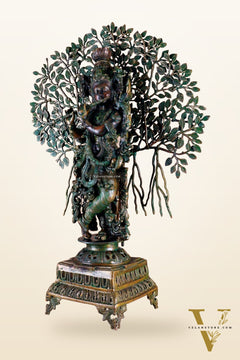 Brass Krishna with Kalpavriksha tree statue - 35" bronze tone antique