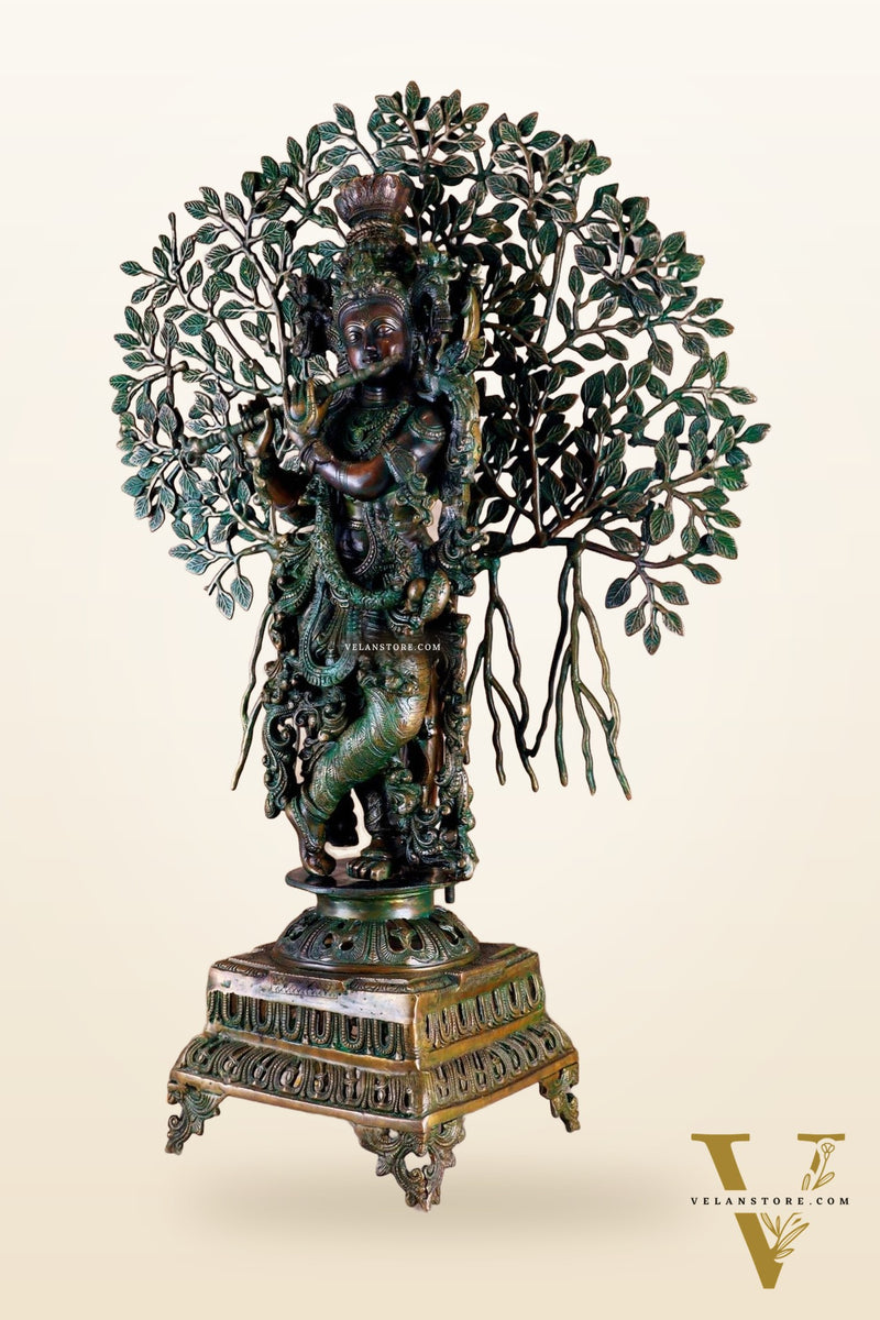 Brass Krishna with Kalpavriksha tree statue - 35" bronze tone antique