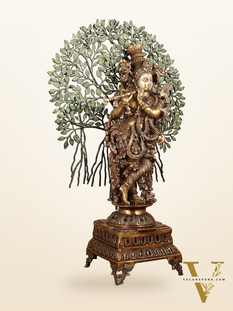 Brass Krishna with Kalpavriksha tree statue - 35"